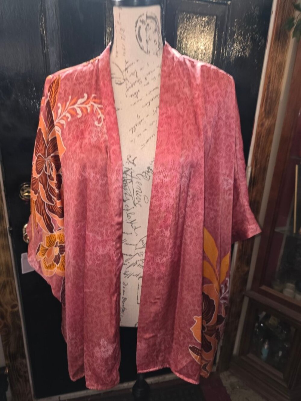Floral Print Kimono Cardigan Jacket With Open Front In Pink & Orange